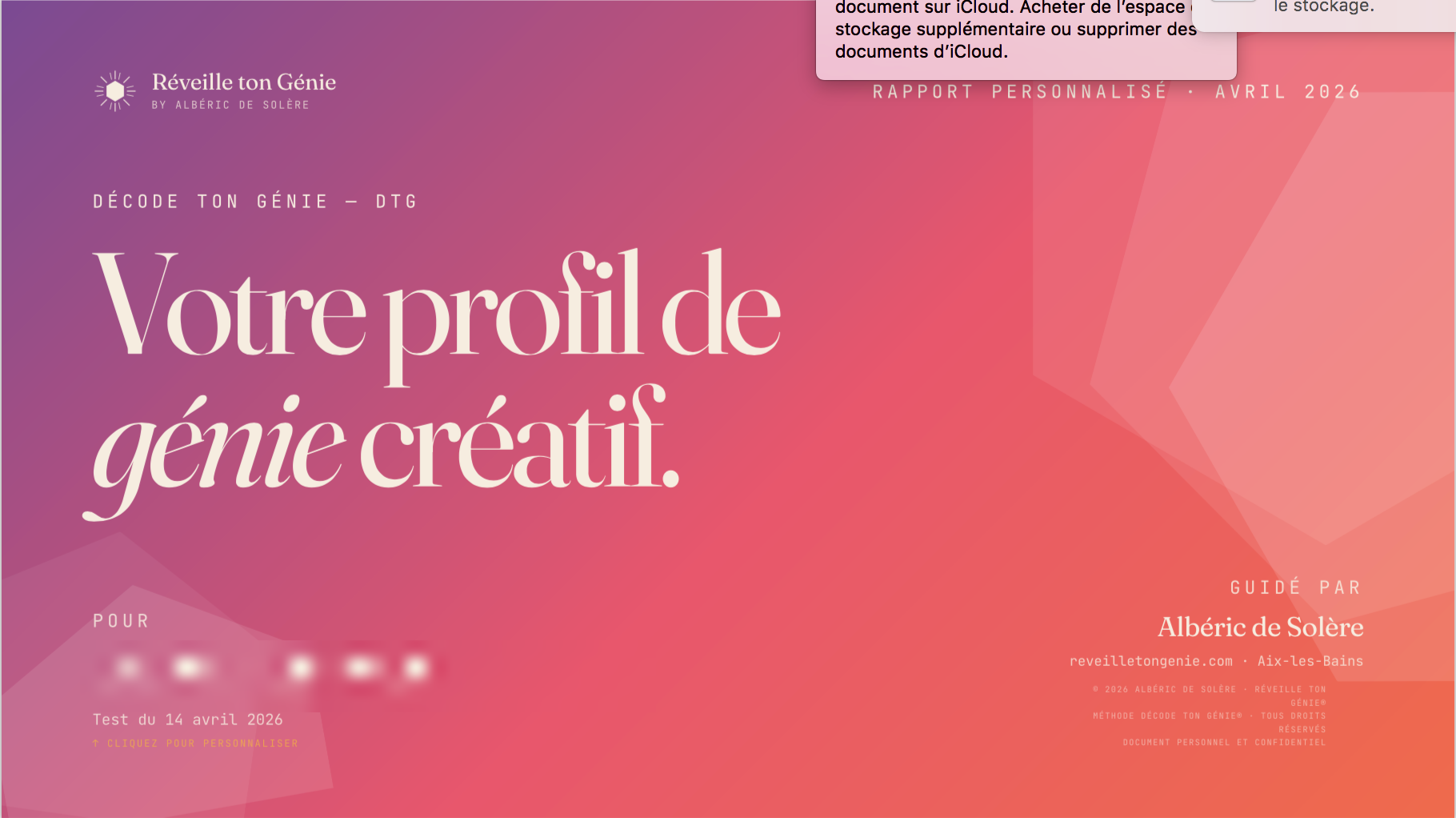 Page de couverture du rapport Décode Ton Génie — design coloré violet, corail et or